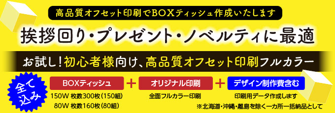 初めてBOXティッシュ作成をご希望のお客様限定。デザイン制作費含む激安価格。デザインから納品までまるごとお任せ。